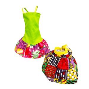 Vintage Barbie Clothes 1992 Gift Set 2 Pieces Patchwork Skirt Fruit Print Dress